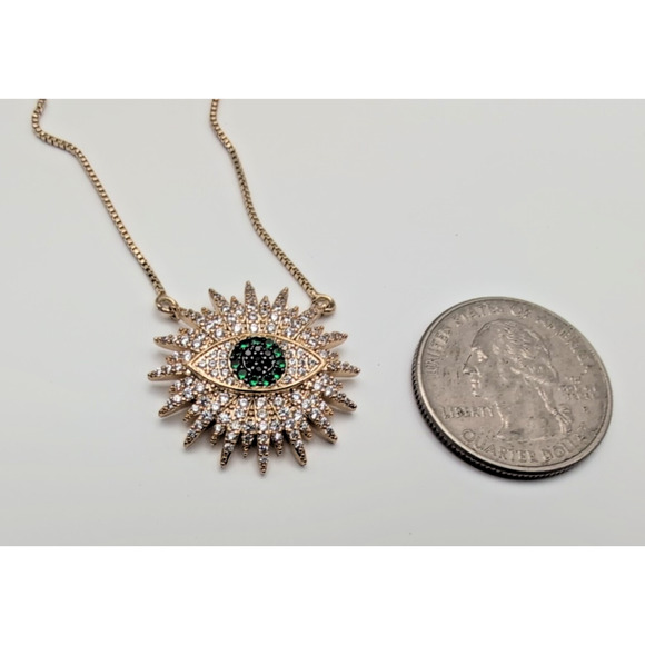 Green And White Cz multi-stone Evil Eye goldtone Necklace 18" W/ Extender nice! - Picture 6 of 7